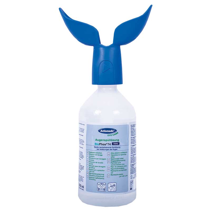ACTIOMEDIC® Augenspülflasche BioPhos®74 TWIN mit phosphatgepufferter Spüllösung 4,9%, 500 ml}